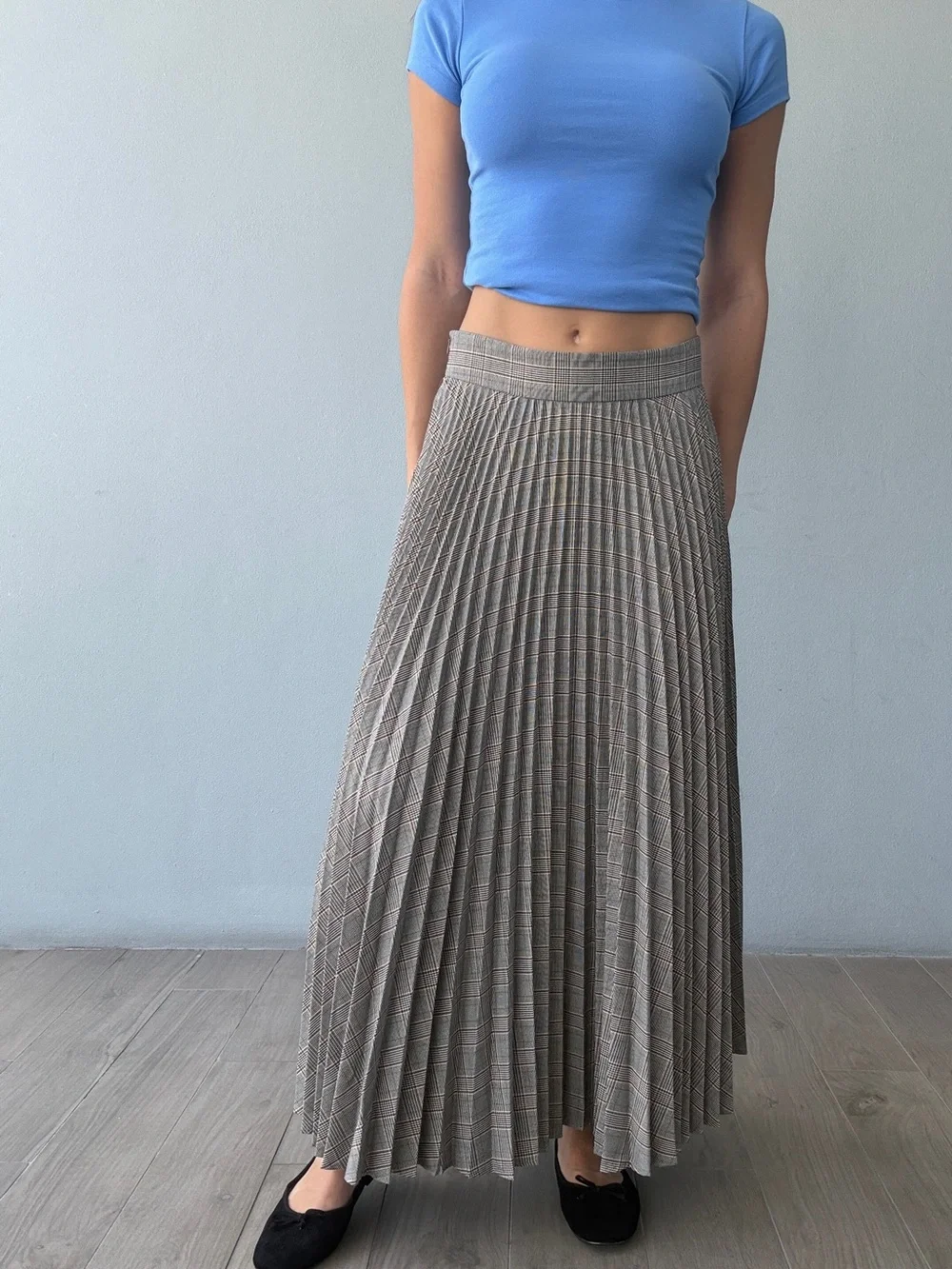 Pleated Glen Plaid Midi Skirt - Taupe Gray